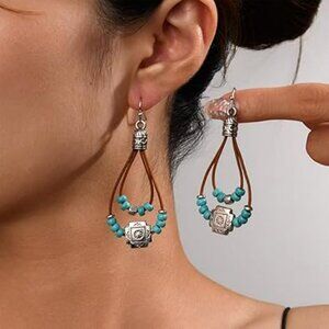 Boho Earring Set Turquoise Flower Leather Braid Dangle Drop Earring Western